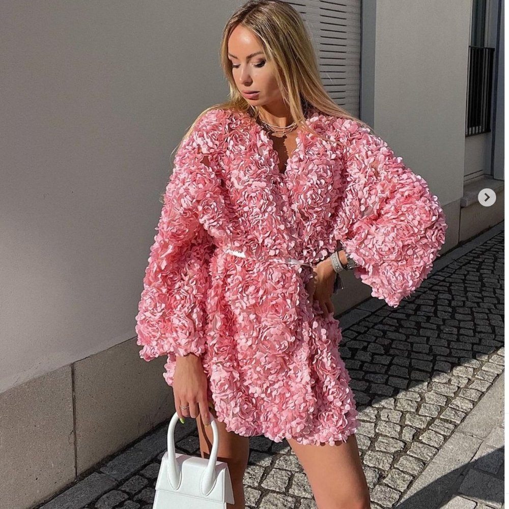ZARA Viral Pink 3D Floral Applique Cardigan Coat Mini Dress Medium Pink NEW